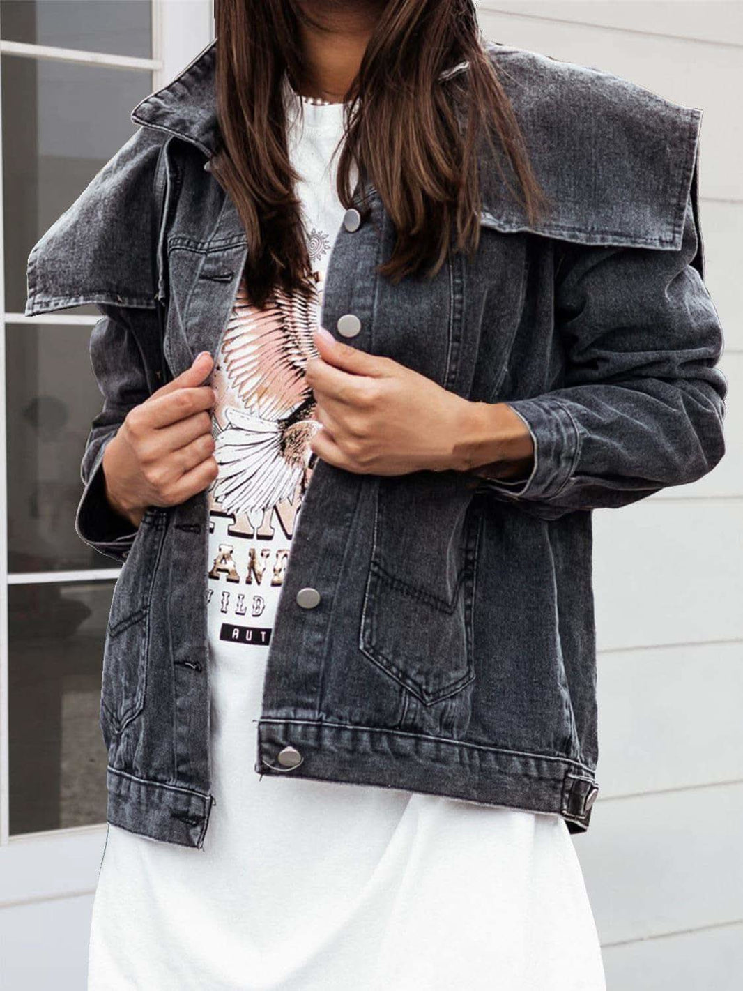 Collared Neck Button Down Denim Jacket - SwagglyLife Home & Fashion
